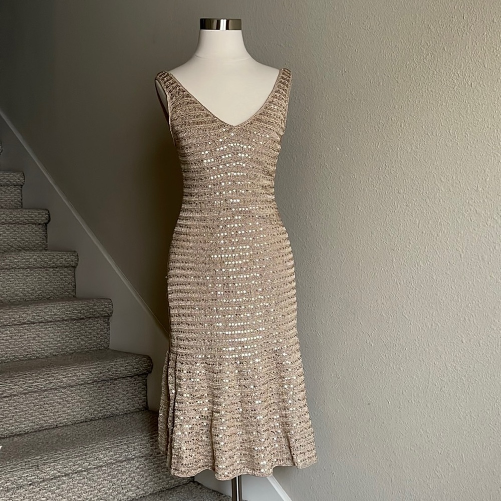Carmen Marc Valvo Gold Sequin Midi Dress
